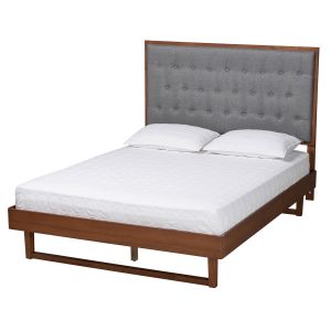 Bryn Classic Grey Fabric and Walnut Brown Finished Wood King Size Platform Bed