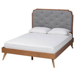 Lorana Mid-Century Modern Grey Fabric and Walnut Brown Wood King Size Bed