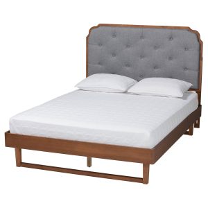 Roald Mid-Century Modern Grey Fabric and Walnut Brown Wood King Size Bed