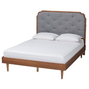 Garron Mid-Century Modern Grey Fabric and Walnut Brown Wood King Size Bed