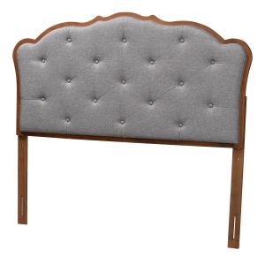 Leandra Traditional Grey Fabric and Walnut Brown Finish Wood Queen Headboard 