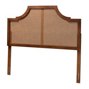 Risha Mid-Century Modern Ash Walnut Finished Wood and Rattan King Size Headboard