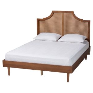 Macaria Mid-Century Modern Ash Walnut Woven Rattan King Size Bed