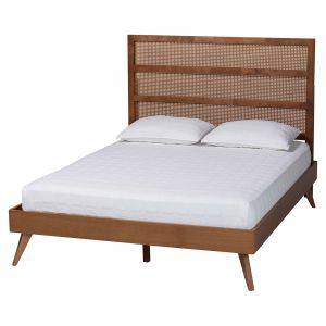 Fuller Walnut Brown Finished Wood King Size Platform Bed with Woven Rattan