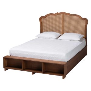 Latrell Mid-Century Walnut Brown Wood and Rattan King Size Storage Bed