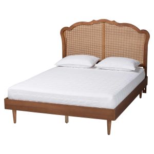 Camden Mid-Century Walnut Brown Wood and Rattan King Size Platform Bed