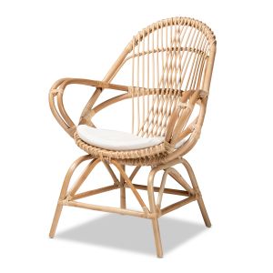 Jayden Modern Bohemian White Fabric Upholstered and Natural Brown Finished Rattan Accent Chair