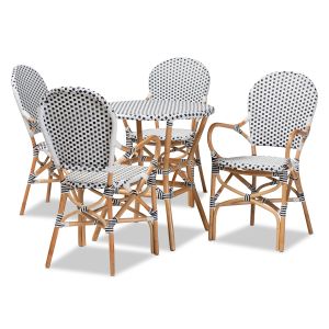 Naila Classic French Black and White Plastic and Natural Brown Rattan 5-Piece Dining Set