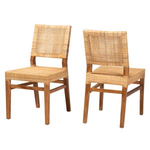 Lesia Modern Bohemian Natural Brown Rattan and Walnut Brown Finished Wood 2-Piece Dining Chair Set