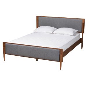 Powers Modern Grey Fabric and Ash Walnut Finished Wood King Size Platform Bed