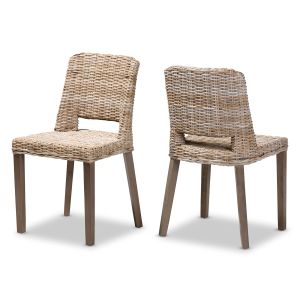 Magy Modern Bohemian Grey Rattan and Natural Brown Finished Wood 2-Piece Dining Chair Set