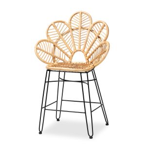 Garan Modern Bohemian Natural Brown Rattan and Black Metal Counter Stool