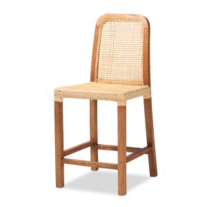 Caspia Mid-Century Modern Walnut Brown Finished Wood and Natural Rattan Counter Stool