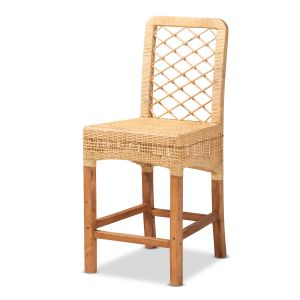 Moscow Modern Bohemian Natural Brown Rattan and Walnut Brown Finished Wood Counter Stool