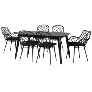 Aniceta Modern Bohemian Black Finished Wood and Rattan 7-Piece Dining Set