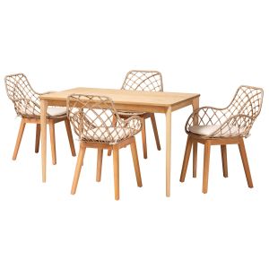Ballerina Greywashed Rattan and Natural Brown Mahogany Wood 5-Piece Dining Set