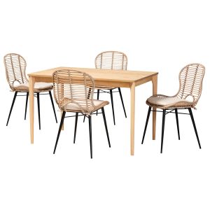 Brenna Greywashed Rattan and Natural Brown Finished Wood 5-Piece Dining Set