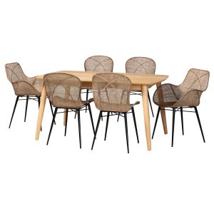 Emmali Greywashed Rattan and Natural Brown Finished Wood 7-Piece Dining Set