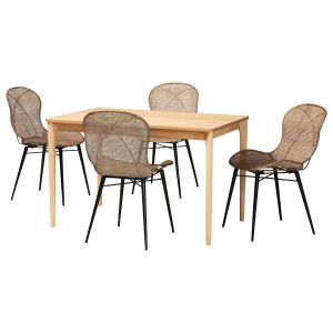 Sabelle Japandi Natural Brown Wood and Greywashed Rattan 5-Piece Dining Set