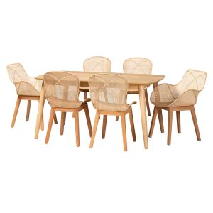 Emmali Modern Bohemian Natural Brown Finished Wood and Rattan 7-Piece Dining Set