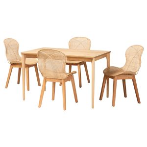 Sabelle Japandi Natural Brown Mahogany Wood and Rattan 5-Piece Dining Set