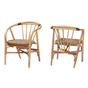 Kyoto Modern Bohemian Natural Brown Rattan 2-Piece Dining Chair Set