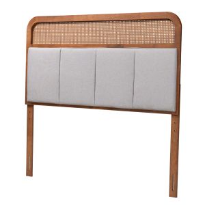 Esti Light Grey Fabric Ash Walnut Finished Wood King Size Headboard with Rattan