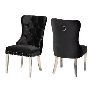 Honora Contemporary Glam and Luxe Black Velvet Fabric and Silver Metal 2-Piece Dining Chair Set
