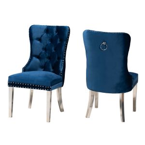 Honora Contemporary Glam and Luxe Navy Blue Velvet Fabric and Silver Metal 2-Piece Dining Chair Set