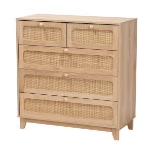 Elsbeth Mid-Century Modern Oak Brown Finished Wood and Natural Rattan 5-Drawer Storage Cabinet
