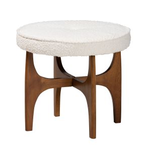 Theo Japandi Cream Boucle Fabric and Walnut Brown Finished Rubberwood Ottoman Footstool