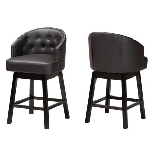 Theron Mid-Century Transitional Dark Brown Faux Leather and Espresso Brown Finished Wood 2-Piece Swivel Counter Stool Set
