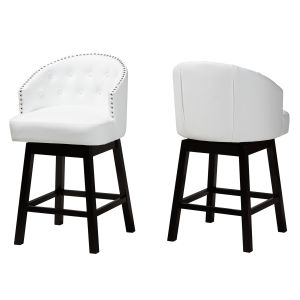 Theron Mid-Century Transitional White Faux Leather and Espresso Brown Finished Wood 2-Piece Swivel Counter Stool Set
