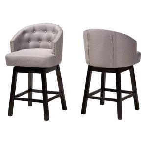 Theron Mid-Century Transitional Grey Fabric and Espresso Brown Finished Wood 2-Piece Swivel Counter Stool Set