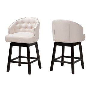 Theron Mid-Century Transitional Light Beige Fabric and Espresso Brown Finished Wood 2-Piece Swivel Counter Stool Set