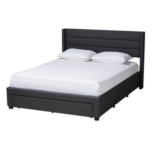Braylon Charcoal Grey Fabric and Dark Brown Wood Queen Size 3-Drawer Storage Bed