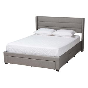 Braylon Light Grey Fabric and Dark Brown Wood Queen Size 3-Drawer Storage Bed