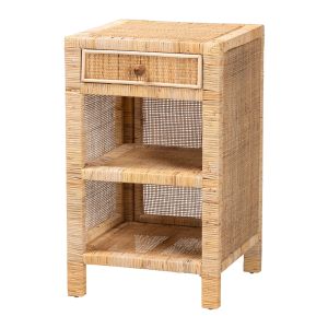 Bella Modern Bohemian Natural Brown Mahogany Wood and Natural Rattan 1-Drawer Nightstand