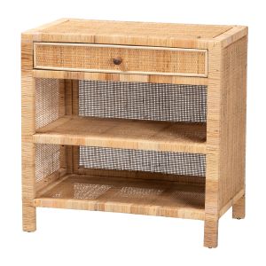 Bella Modern Bohemian Natural Brown Mahogany Wood and Natural Rattan 1-Drawer Console Table