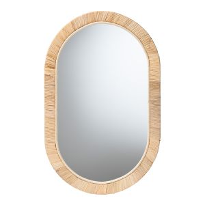 Bella Modern Bohemian Natural Brown Mahognay Wood and Natural Rattan Oval Mirror