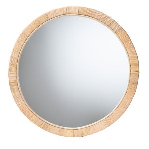 Bella Modern Bohemian Natural Brown Mahognay Wood and Natural Rattan Round Mirror