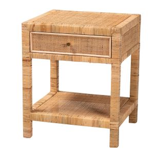 Adelia Modern Bohemian Natural Rattan and Mahogany Wood 1-Drawer Nightstand