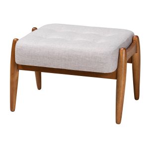 Jeanine Japandi Greyish Beige Fabric and Walnut Brown Wood Ottoman Footstool