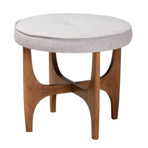 Theo Japandi Greyish Beige Fabric and Walnut Brown Finish Wood Ottoman Footstool