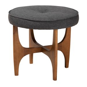 Theo Japandi Dark Grey Fabric and Walnut Brown Finished Wood Ottoman Footstool