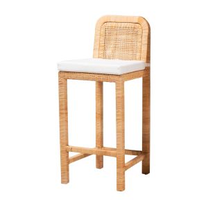 Zariah Modern Bohemian Natural Brown Rattan and Mahogany Wood Bar Stool
