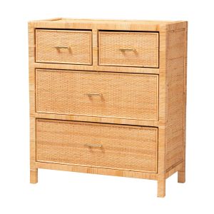 Vaere Modern Bohemian Natural Brown Rattan and Mahogany Wood Storage Cabinet