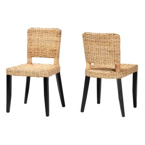 Dermot Bohemian Dark Brown Finished Wood Natural Rattan 2-Piece Dining Chair Set