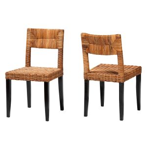 Manrico Bohemian Dark Brown Finish Wood Natural Rattan 2-Piece Dining Chair Set