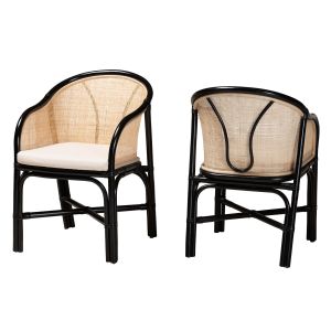 Miranda Modern Two-Tone Black and Natural Brown Rattan 2-Piece Dining Chair Set